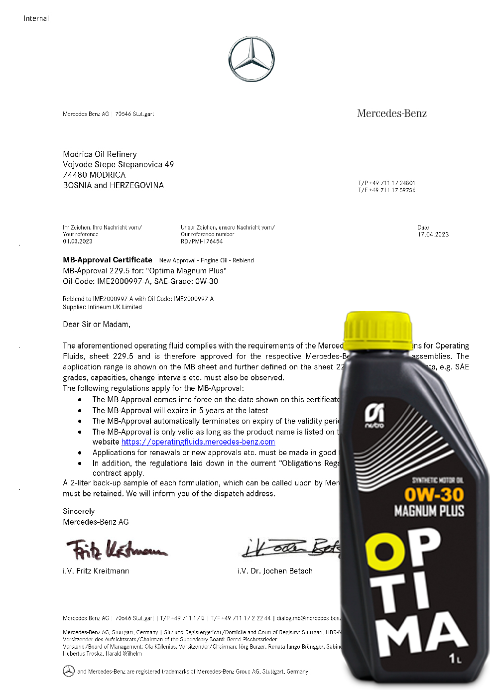MB-Approval 229.5 for Optima Magnum Plus SAE 0W-30 - do 01.03.2028