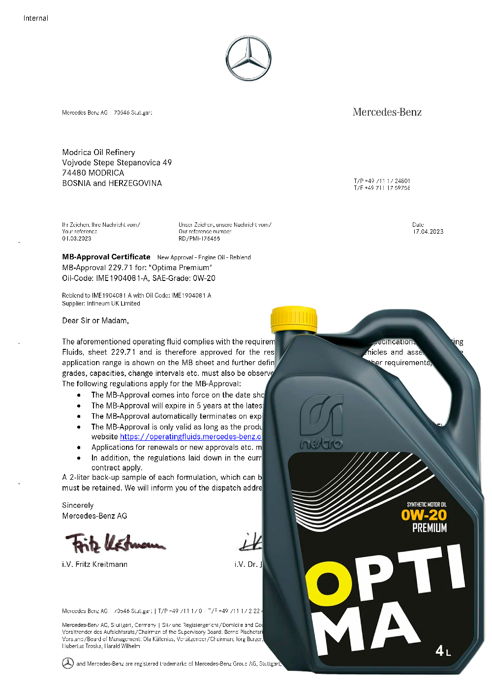 MB-Approval 229.71 for Optima Premium SAE 0W-20 - do 01.03.2028