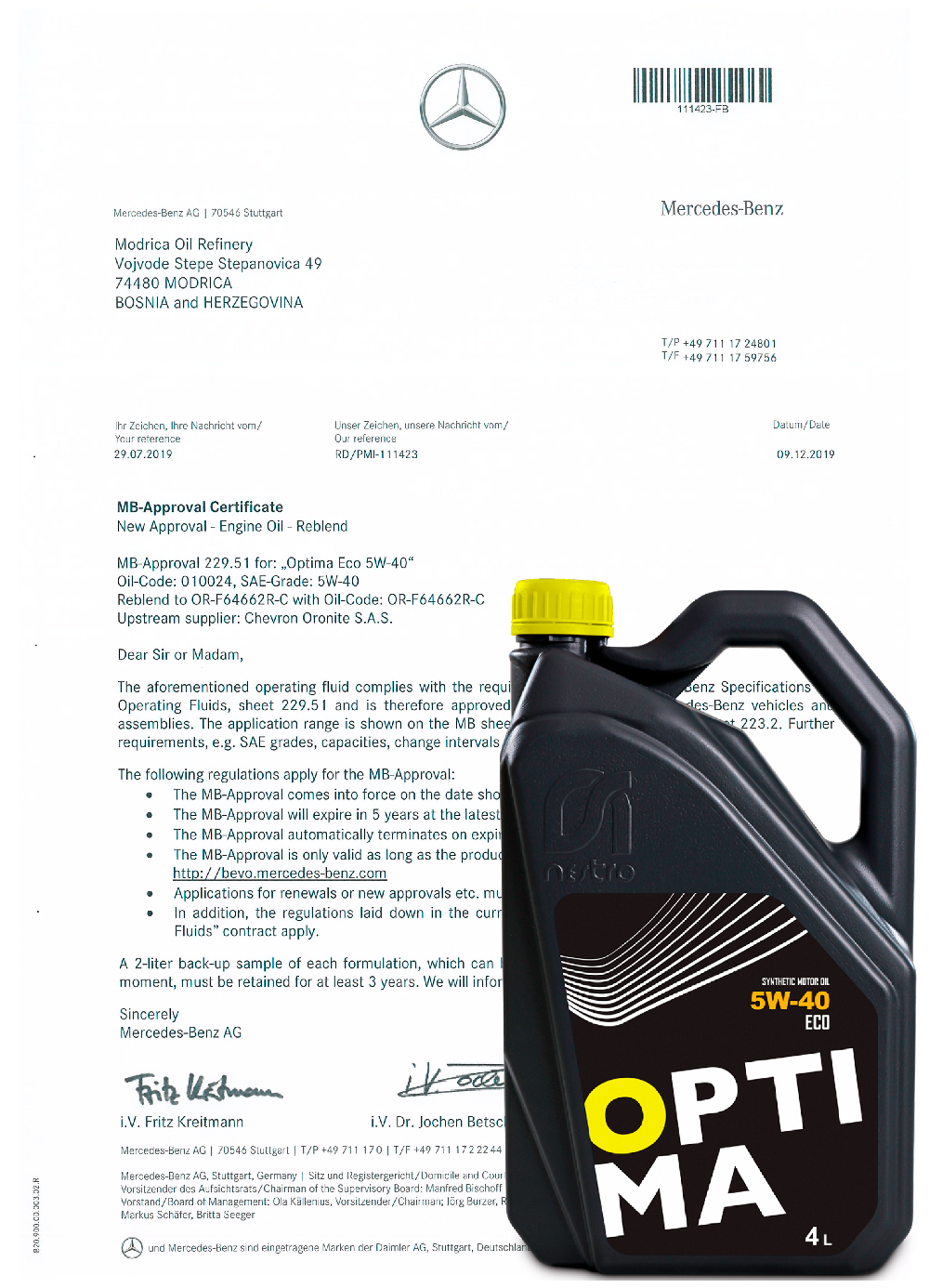 Mercedes-Benz - MB-Approval 229.51 - Optima Eco 5W-40 vazi do 09.12.2024